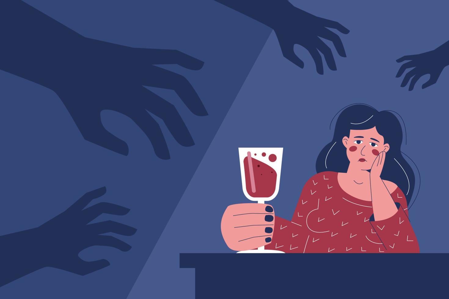 depressief gefrustreerd dronken vrouw met een glas van wijn. de handen bereiken uit naar haar van de duisternis zijn symbolen van trauma, verslaving, psychologisch wanorde. vector