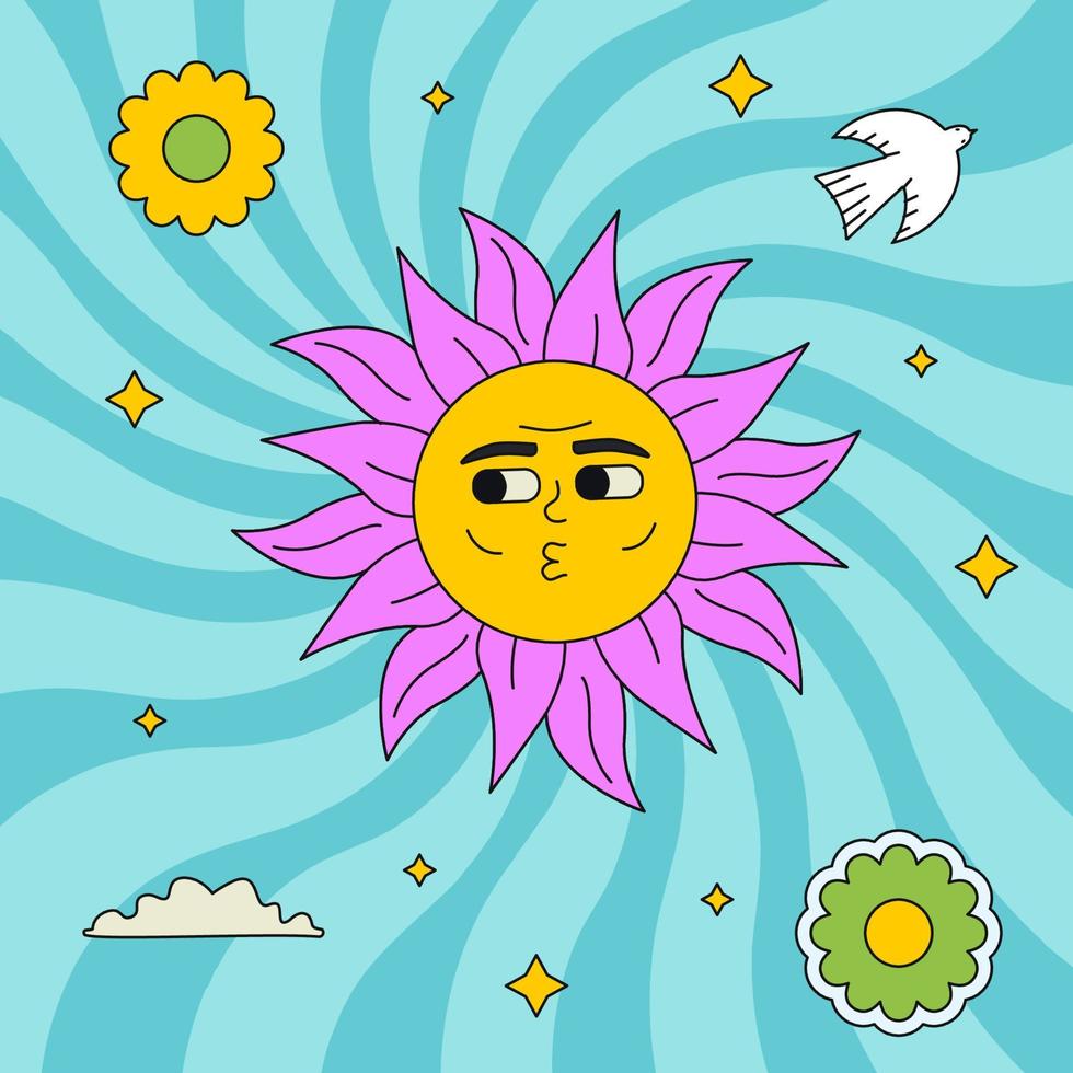 helder groovy illustratie met funky zon. vector modieus geschetst lapje.