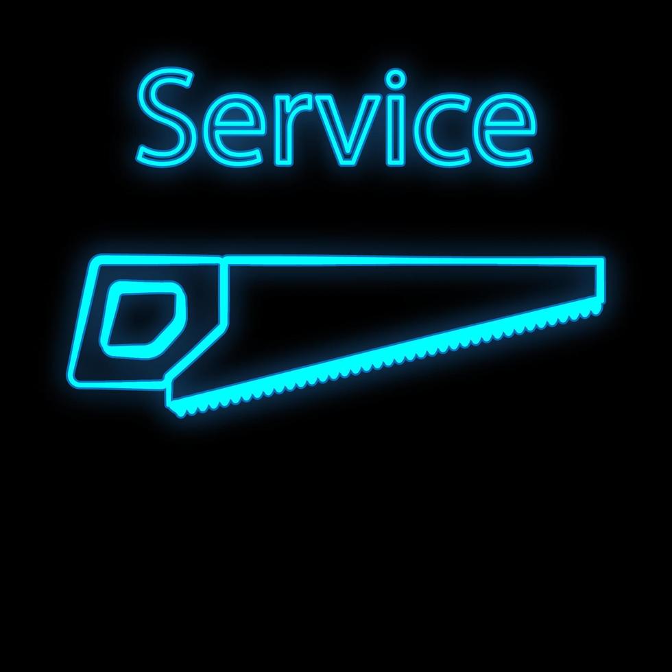 helder lichtgevend blauw industrieel digitaal neon teken voor winkel werkplaats onderhoud centrum mooi glimmend met een hand- zag voor reparatie Aan een zwart achtergrond. vector illustratie