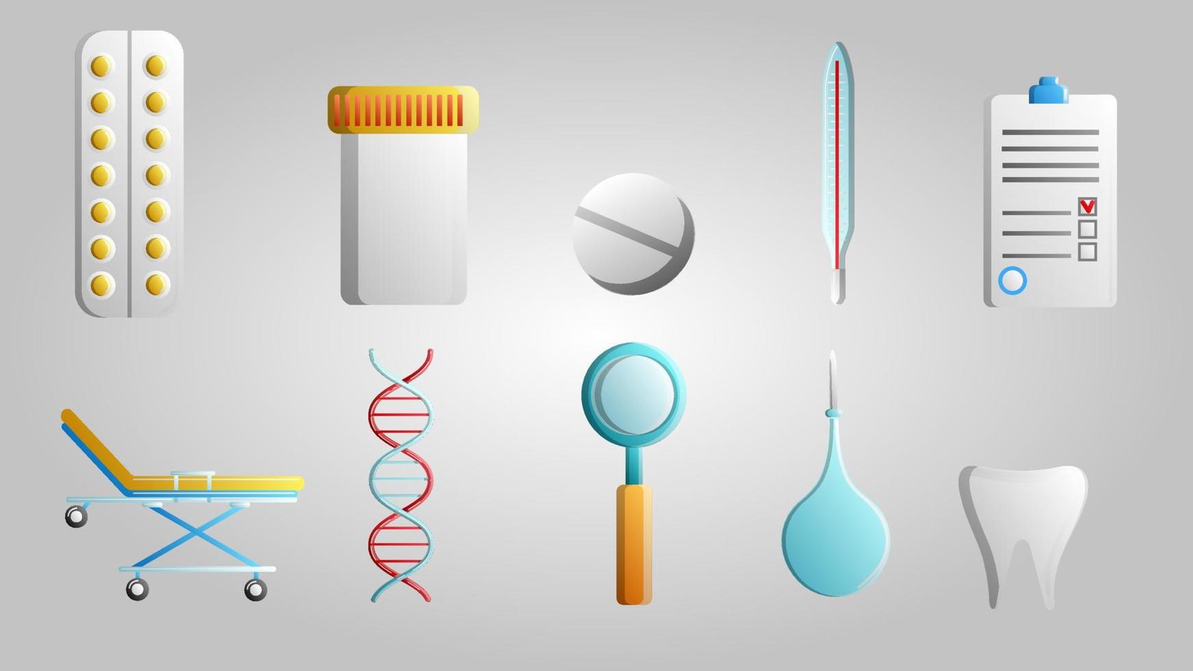 groot reeks van 10 medisch wetenschappelijk medisch medisch items pot pictogrammen met pillen capsules bedden thermometers dna documenten Aan een wit achtergrond. vector illustratie