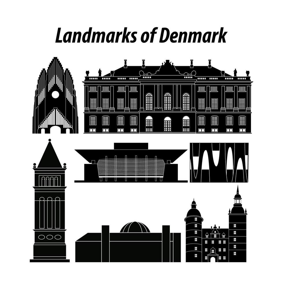 reeks van Denemarken beroemd oriëntatiepunten door silhouet stijl vector