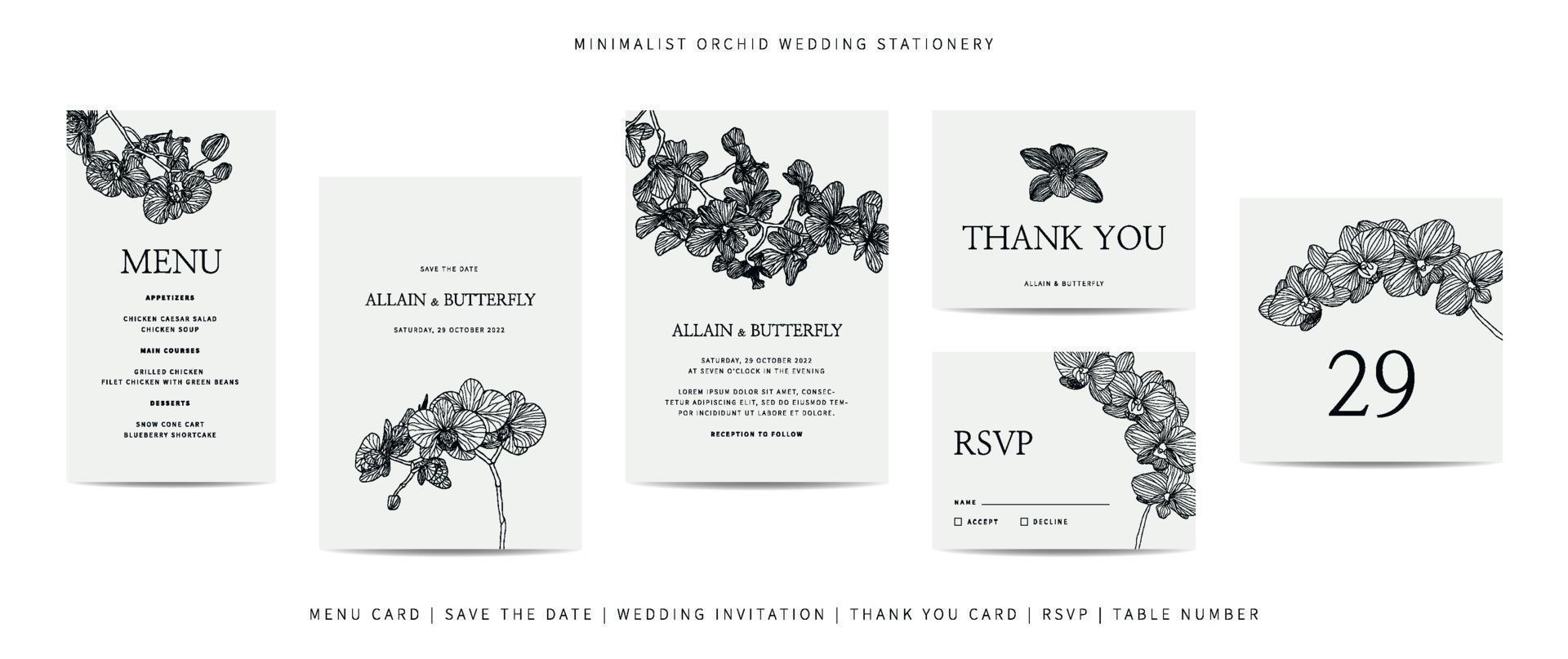 verzameling van sjabloon bruiloft schrijfbehoeften met minimalistische hand- getrokken orchidee bloem vector