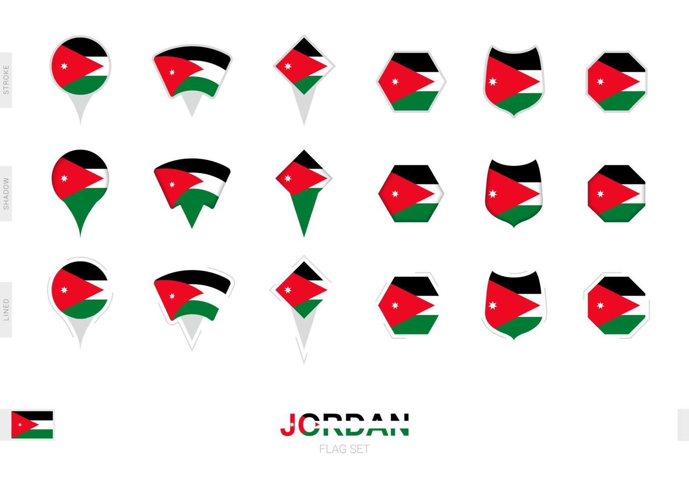 verzameling van de Jordanië vlag in verschillend vormen en met drie verschillend Effecten. vector