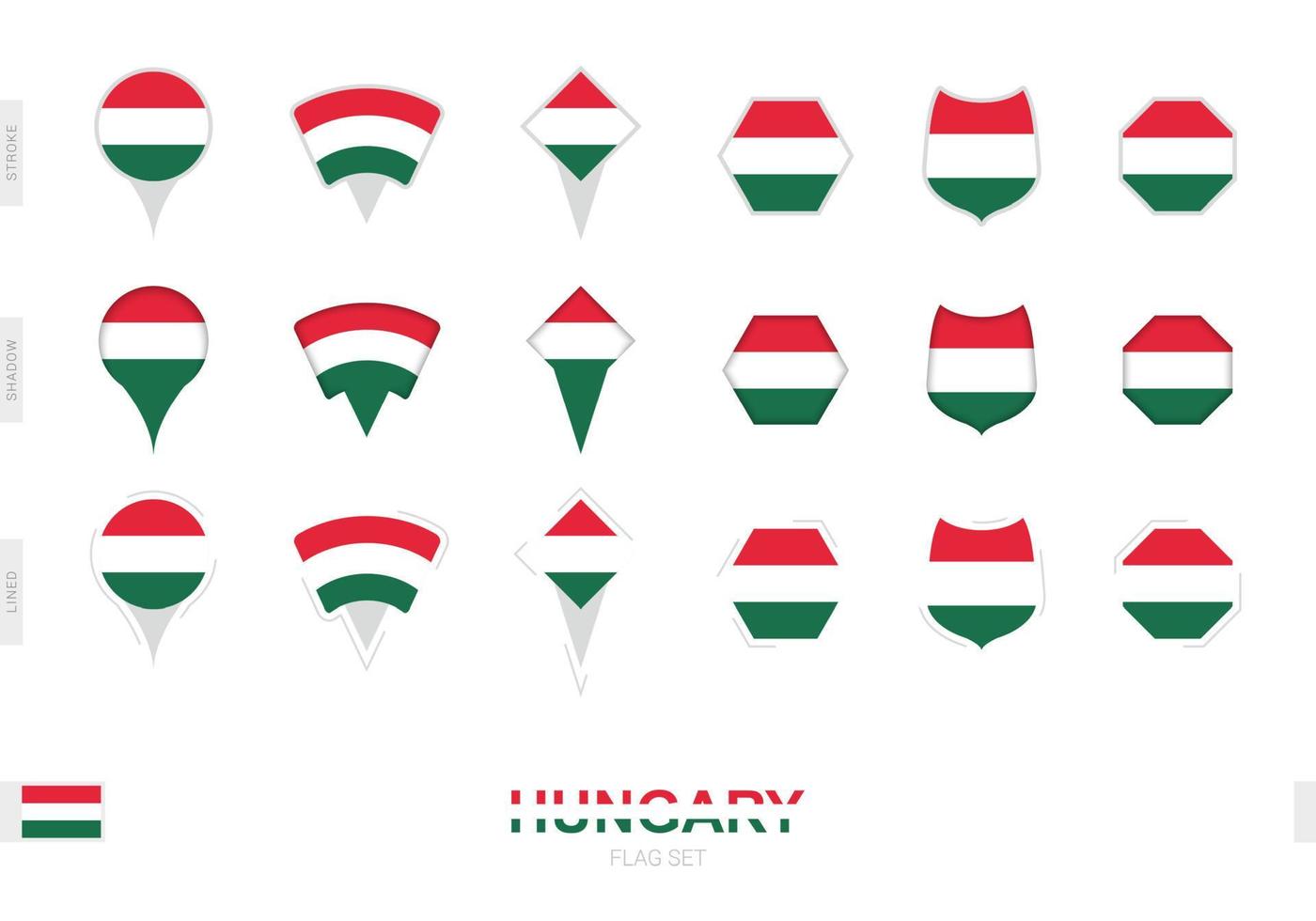 verzameling van de Hongarije vlag in verschillend vormen en met drie verschillend Effecten. vector