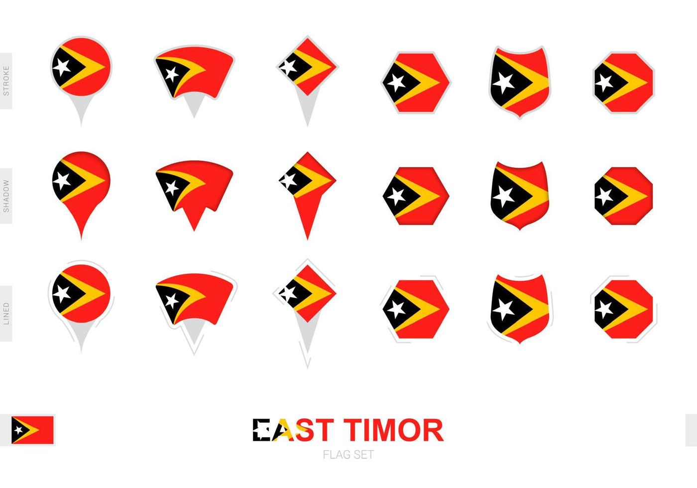 verzameling van de oosten- Timor vlag in verschillend vormen en met drie verschillend Effecten. vector