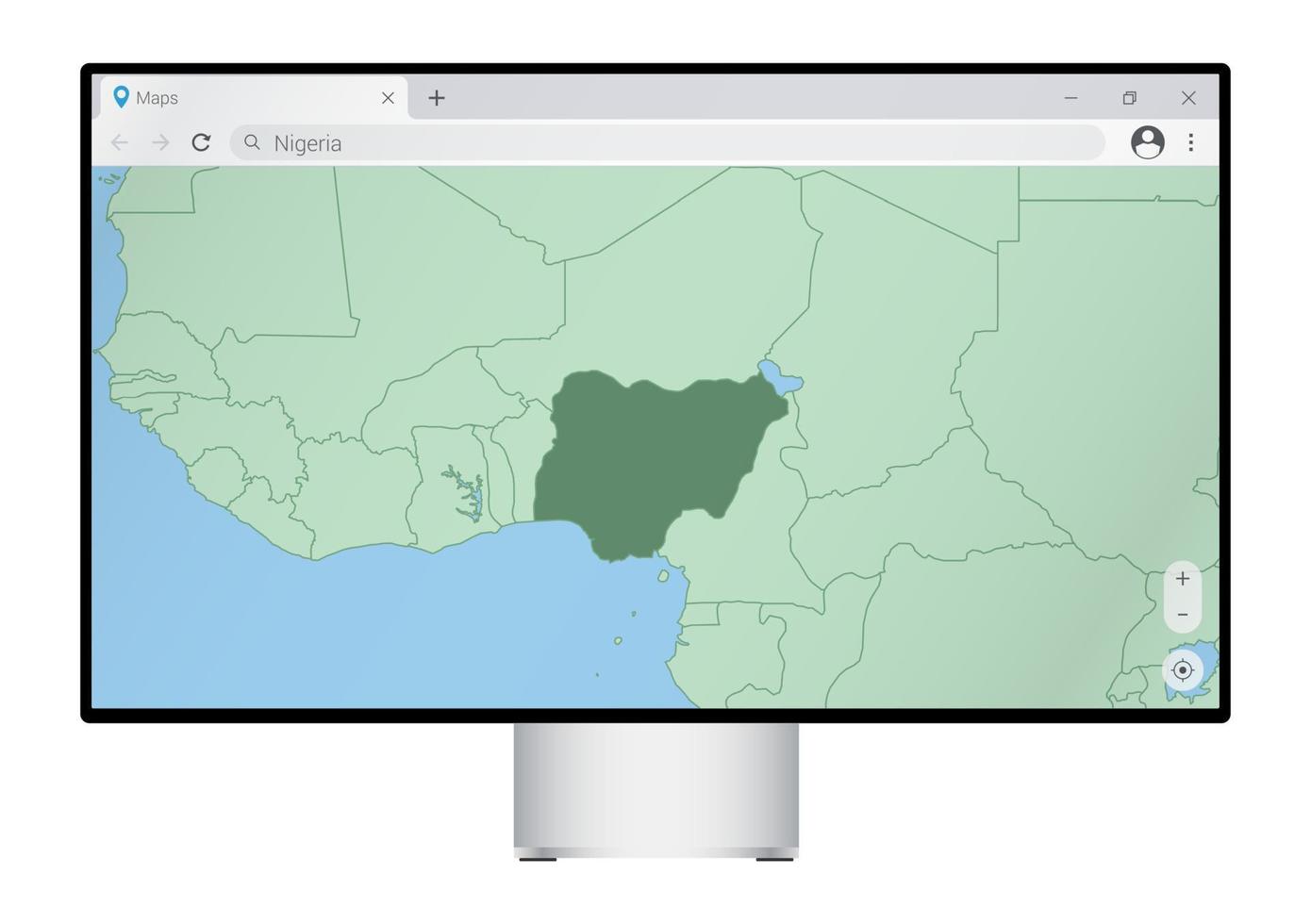 computer toezicht houden op met kaart van Nigeria in browser, zoeken voor de land van Nigeria Aan de web in kaart brengen programma. vector