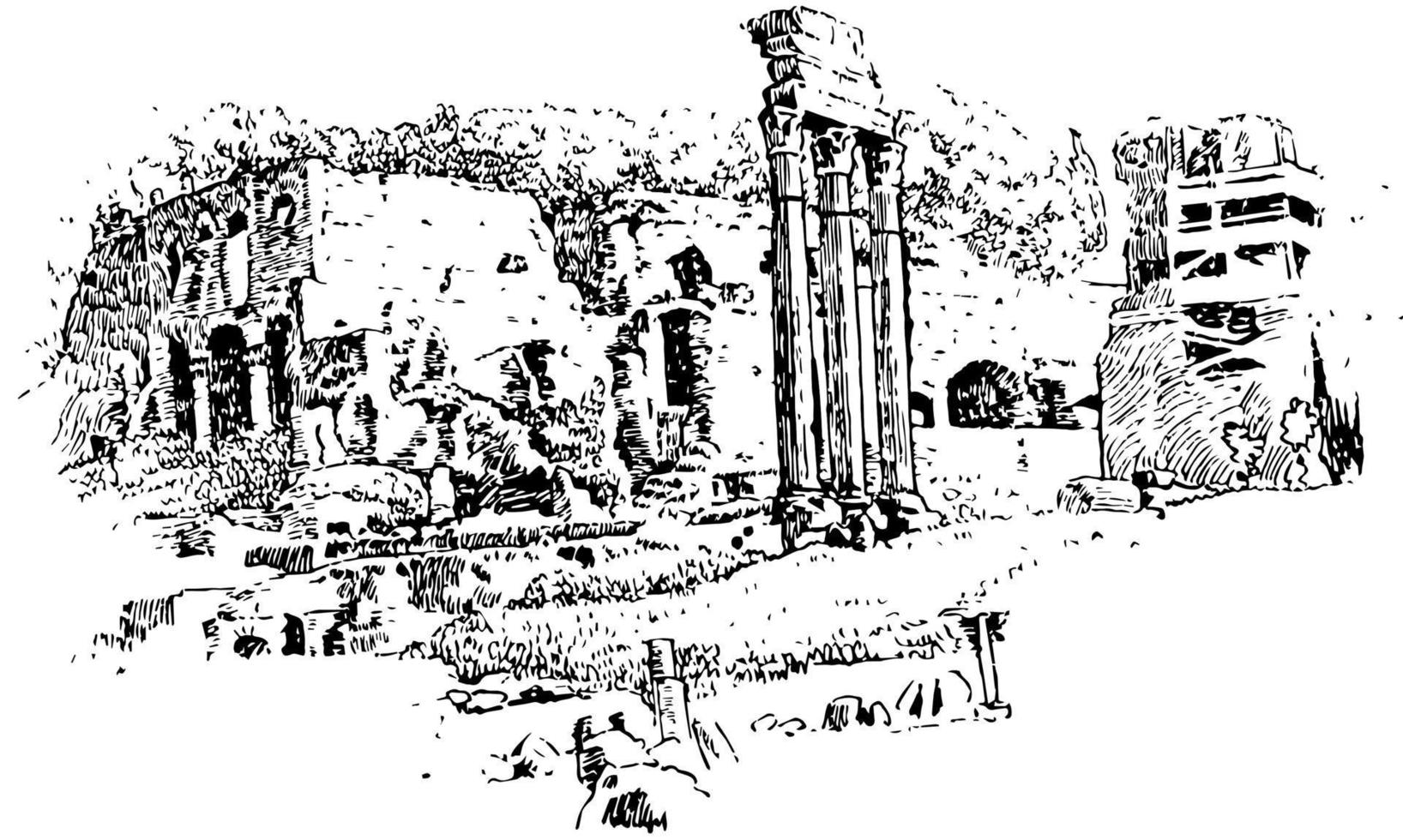 kolommen van tempel van castor, tempel van Augustus, wijnoogst gravure. vector