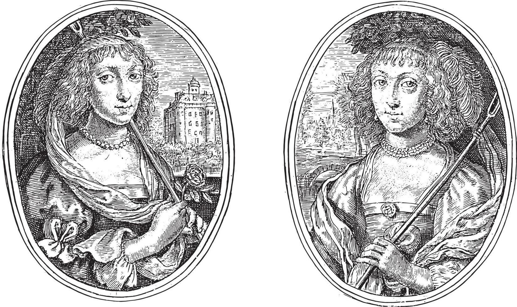 portretten van twee onbekend Dames, beide net zo herderin, wijnoogst illustratie. vector