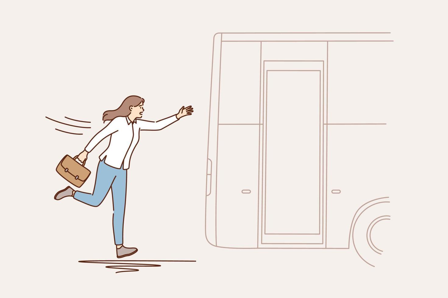 laattijdigheid en gebrek van tijd concept. bedrijf vrouw tekenfilm karakter rennen proberen naar vangst weggaan bus buitenshuis vector illustratie