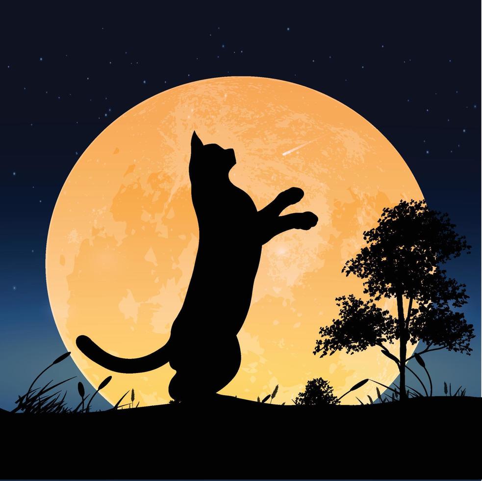 silhouet van kat staand in gras veld- met vol maan vector