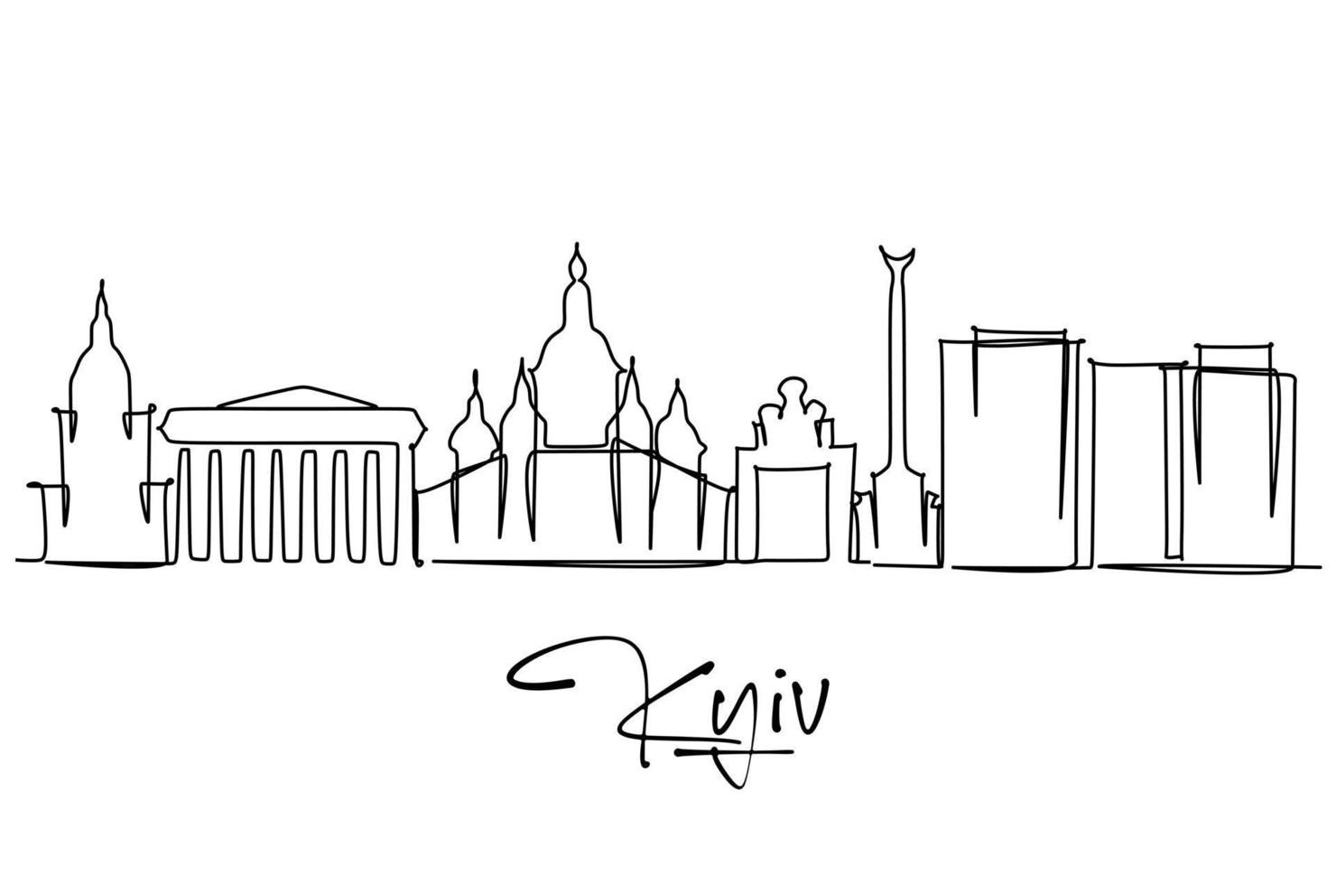 een single lijn tekening van kyiv stad horizon, Oekraïne. historisch stad- landschap in wereld. het beste vakantie bestemming muur decor kunst poster afdrukken. modieus doorlopend lijn trek ontwerp vector illustratie