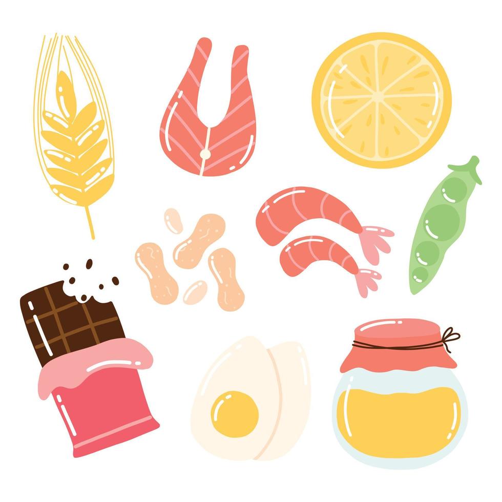 voedsel allergenen. allergeen producten verzameling. vector illustratie. allergie. getrokken stijl. allergeen vis, ei, honing, gluten, melk.