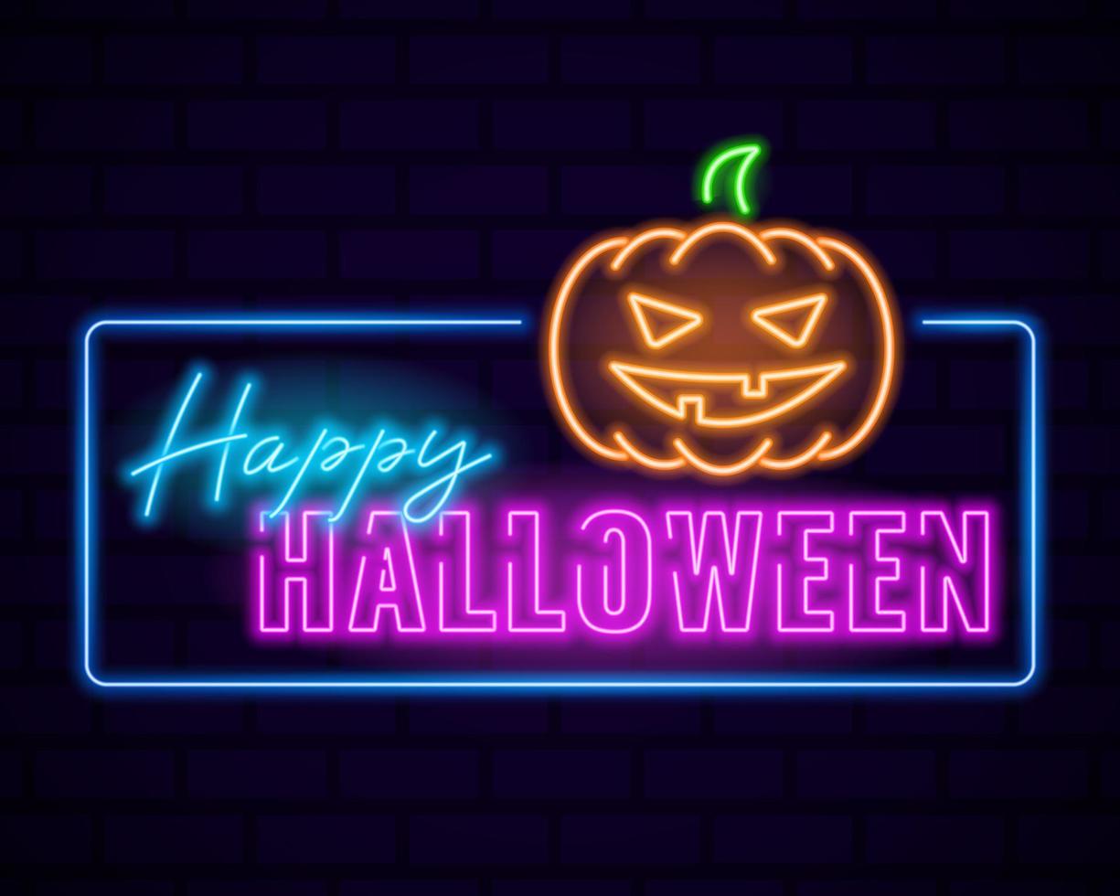 gelukkig halloween neon sjabloon, gloeiend banier, oranje pompoen vector