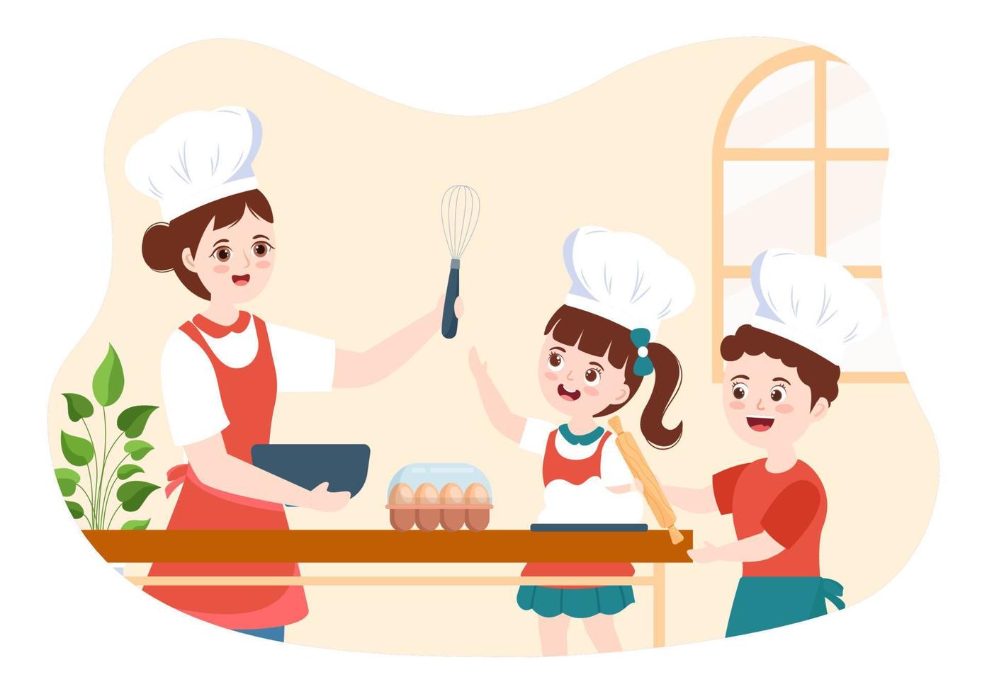 Koken school- met kinderen en leraar in een klasse aan het leren naar leren kookt eigengemaakt voedsel Aan vlak tekenfilm hand- getrokken Sjablonen illustratie vector