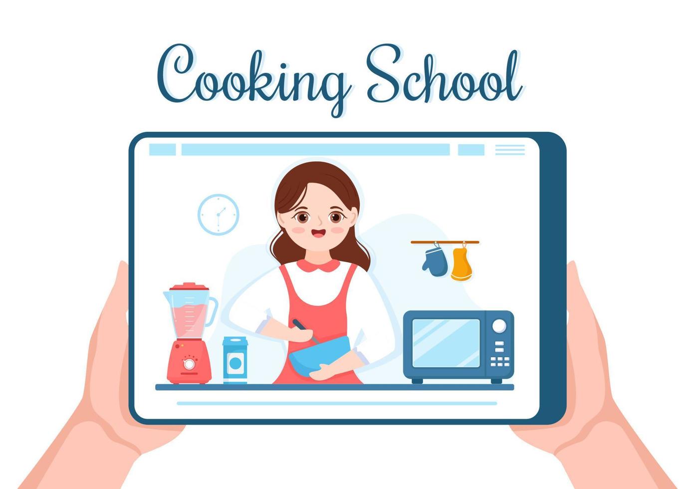 leven streaming online Koken met chef in klasse leren naar koken eigengemaakt voedsel en verscheidenheid van gerechten in vlak tekenfilm hand- getrokken sjabloon illustratie vector