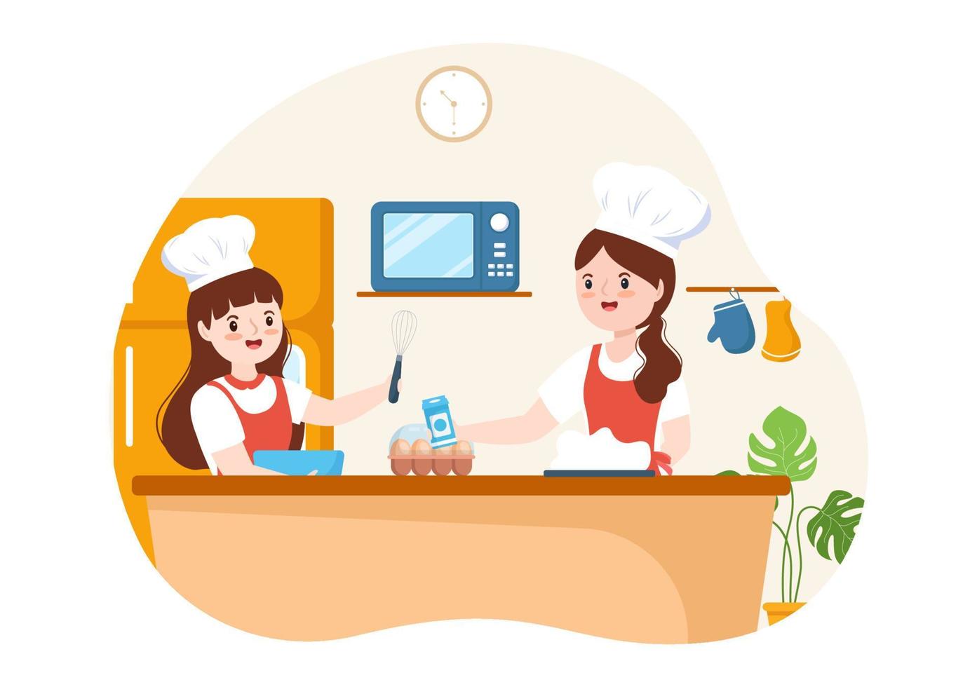 Koken school- met kinderen en leraar in een klasse aan het leren naar leren kookt eigengemaakt voedsel Aan vlak tekenfilm hand- getrokken Sjablonen illustratie vector