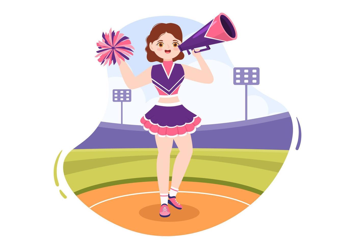 cheerleader meisje met pompons van dansen en jumping naar ondersteuning team sport gedurende wedstrijd Aan vlak tekenfilm hand- getrokken Sjablonen illustratie vector