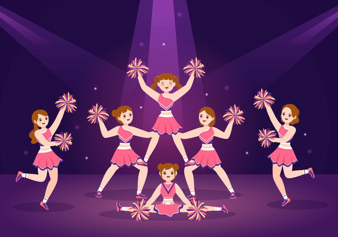 cheerleader meisje met pompons van dansen en jumping naar ondersteuning team sport gedurende wedstrijd Aan vlak tekenfilm hand- getrokken Sjablonen illustratie vector