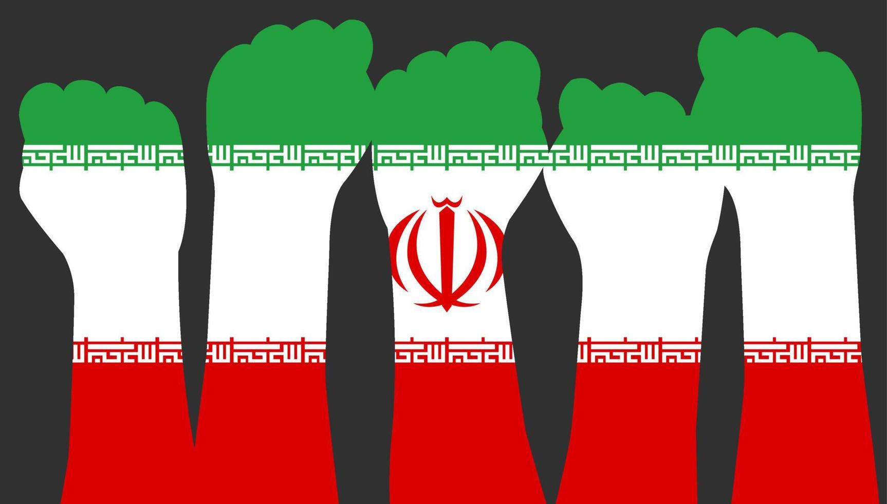 silhouetten van vrouw handen gebalde in een vuist Aan de achtergrond van de Iraans vlag. protesten in iran. vrouw demonstranten handen verhogen hun vuisten. vrouwen rechten. vector vlak modern illustratie.