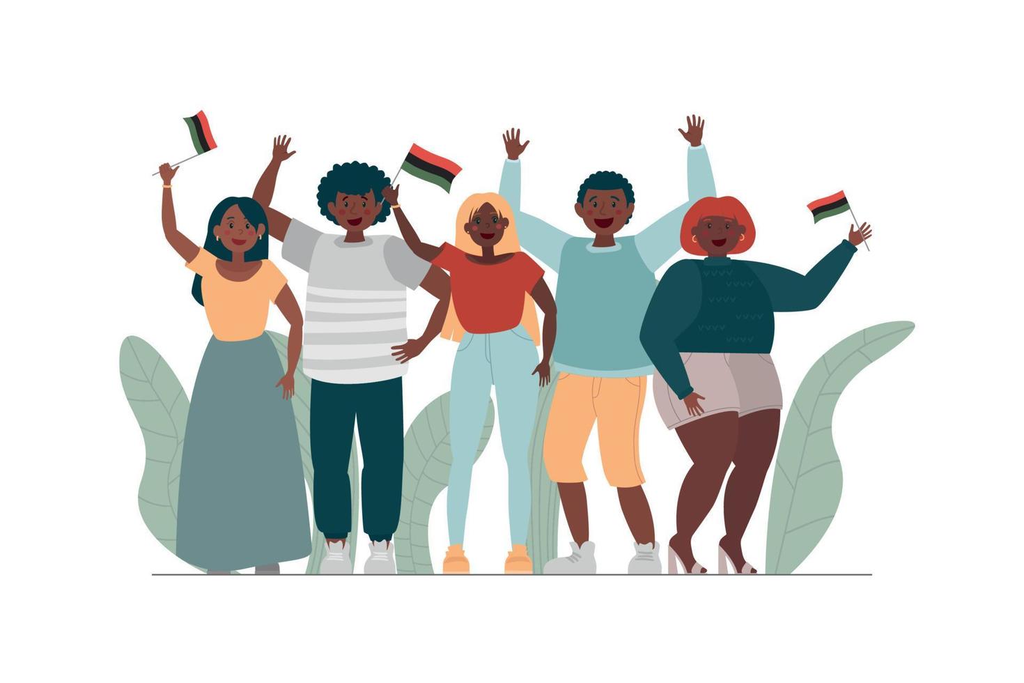 zwart verschillend mensen vieren juneteenth nationaal onafhankelijkheid dag. optocht met vlaggen. vlak modern vector illustratie.