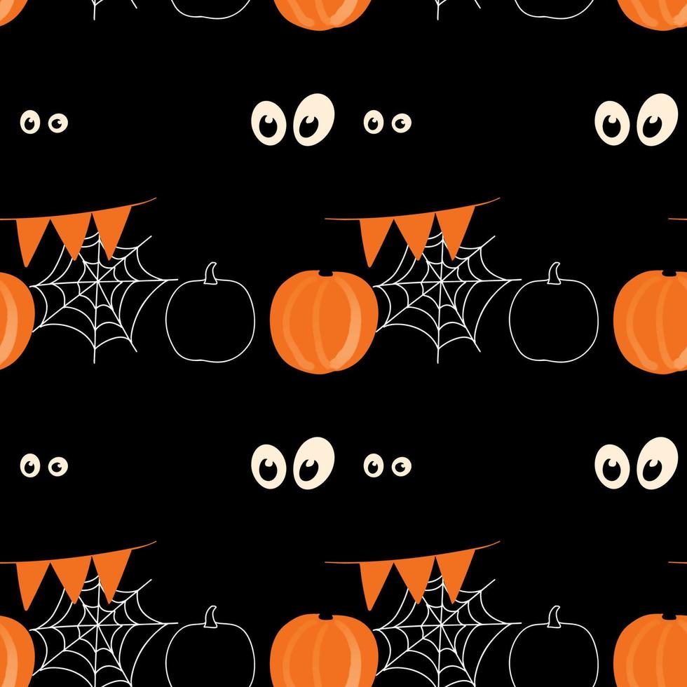 halloween naadloos patroon met pompoen, spinneweb en ogen illustratie Aan zwart kleur achtergrond vector