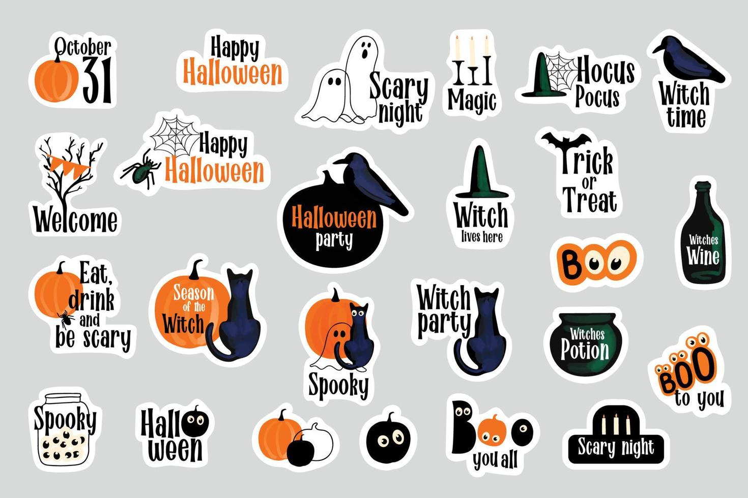 halloween stickers reeks illustratie met zwart kat, pompoenen, geesten, spinneweb vector