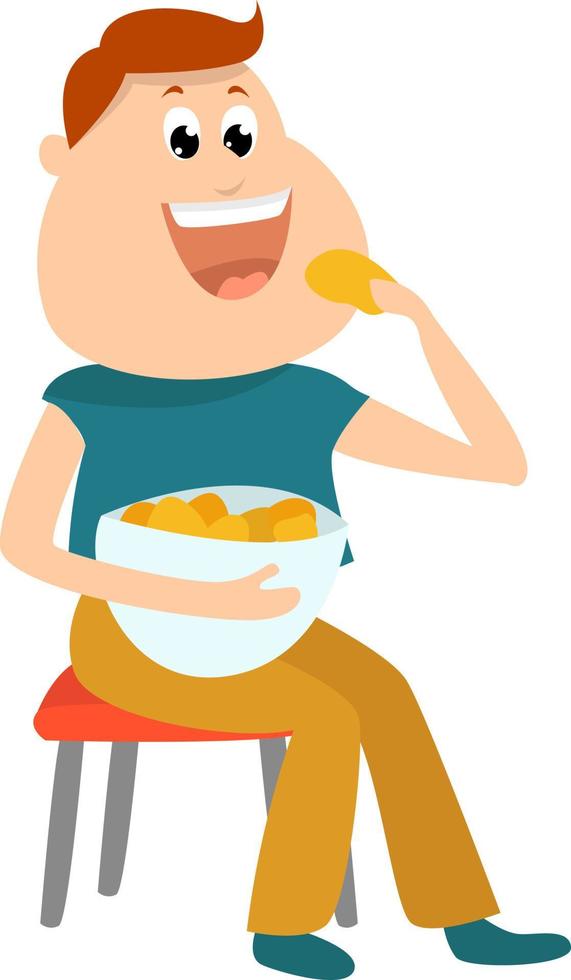 Mens aan het eten chips , illustratie, vector Aan wit achtergrond