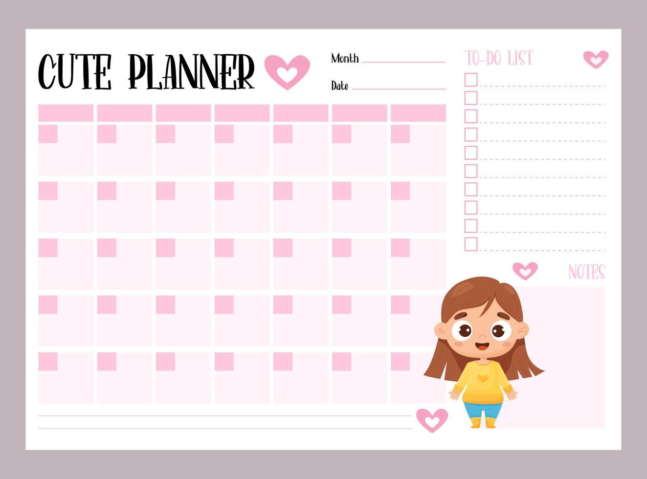 schattig kinderen maandelijks planner, naar Doen lijst en aantekeningen met schattig tekenfilm meisje. vector horizontaal sjabloon. meisjesachtig organisator in roze voor afdrukken en ontwerp, kinderen verzameling, briefpapier, schema, planning.