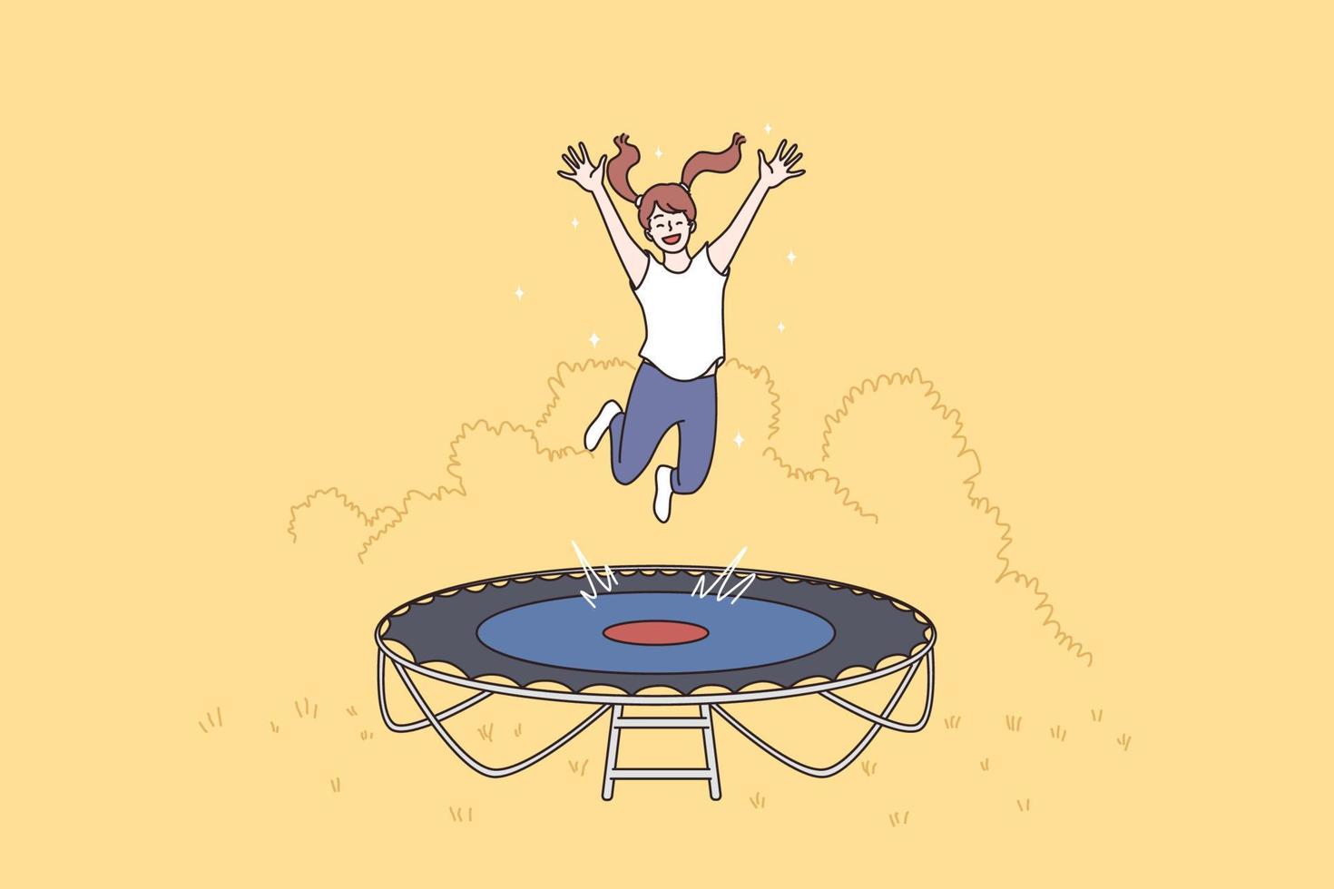 zomer vrije tijd activiteiten, sport concept. schattig weinig meisje spelen Aan trampoline, lachend jumping kind gymnast opleiding en hebben pret vector illustratie