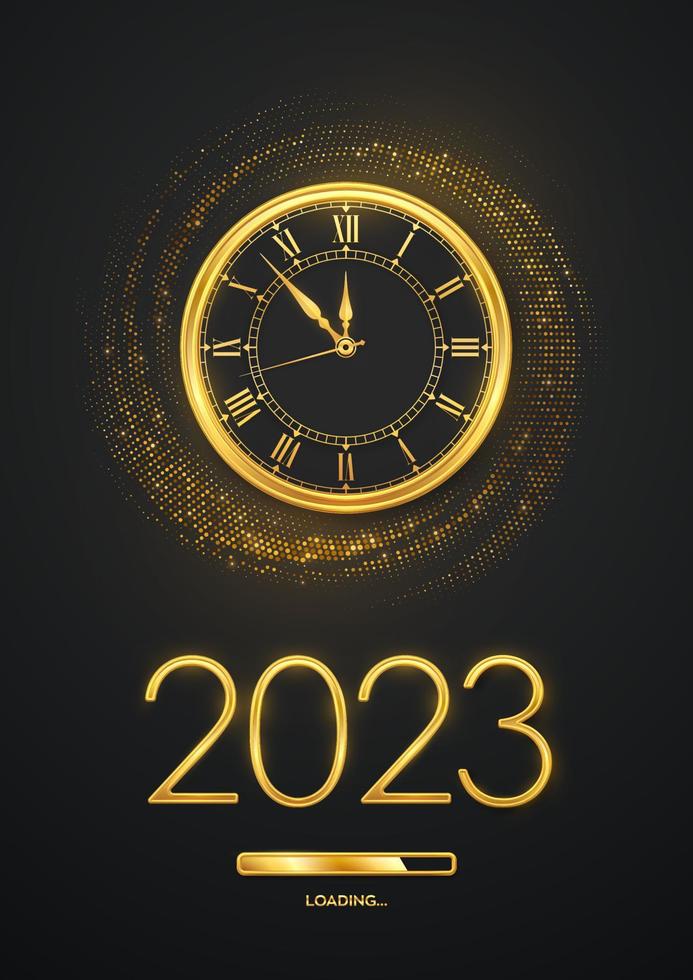 gelukkig nieuw jaar 2023. gouden metalen getallen 2023, goud kijk maar met Romeins cijfer en countdown middernacht met bezig met laden bar Aan glinsterende achtergrond. barsten backdrop met glinstert. vector illustratie.