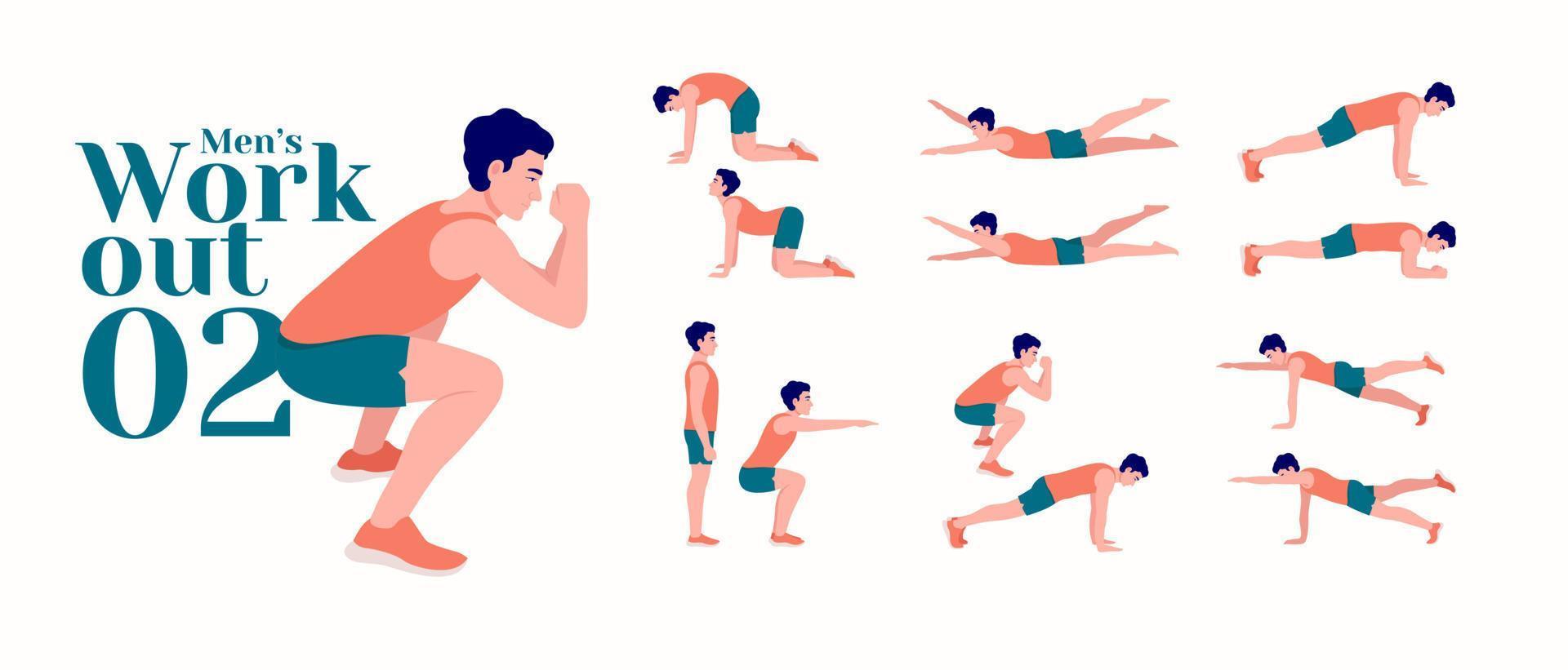 mannen training set. mannen oefening vector set. mannen aan het doen geschiktheid en yoga opdrachten. uitvalt, Opdrukken, hurken, halter rijen, burpees, kant planken, bilspieren brug, been salarisverhoging, Russisch twist .enz