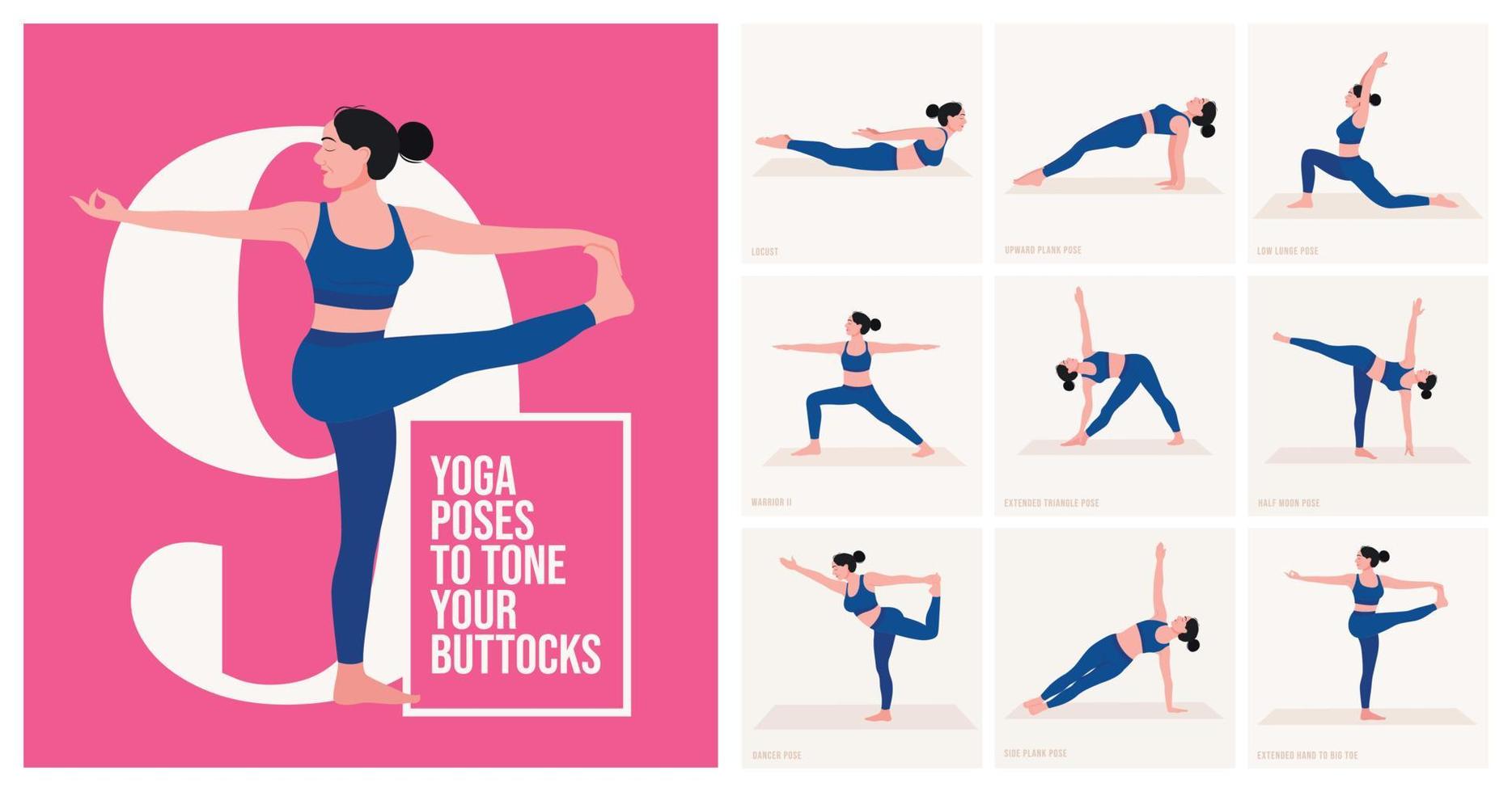 yoga poses voor zitvlak. jong vrouw beoefenen yoga houding. vrouw training fitheid, aëroob en opdrachten. vector illustratie.