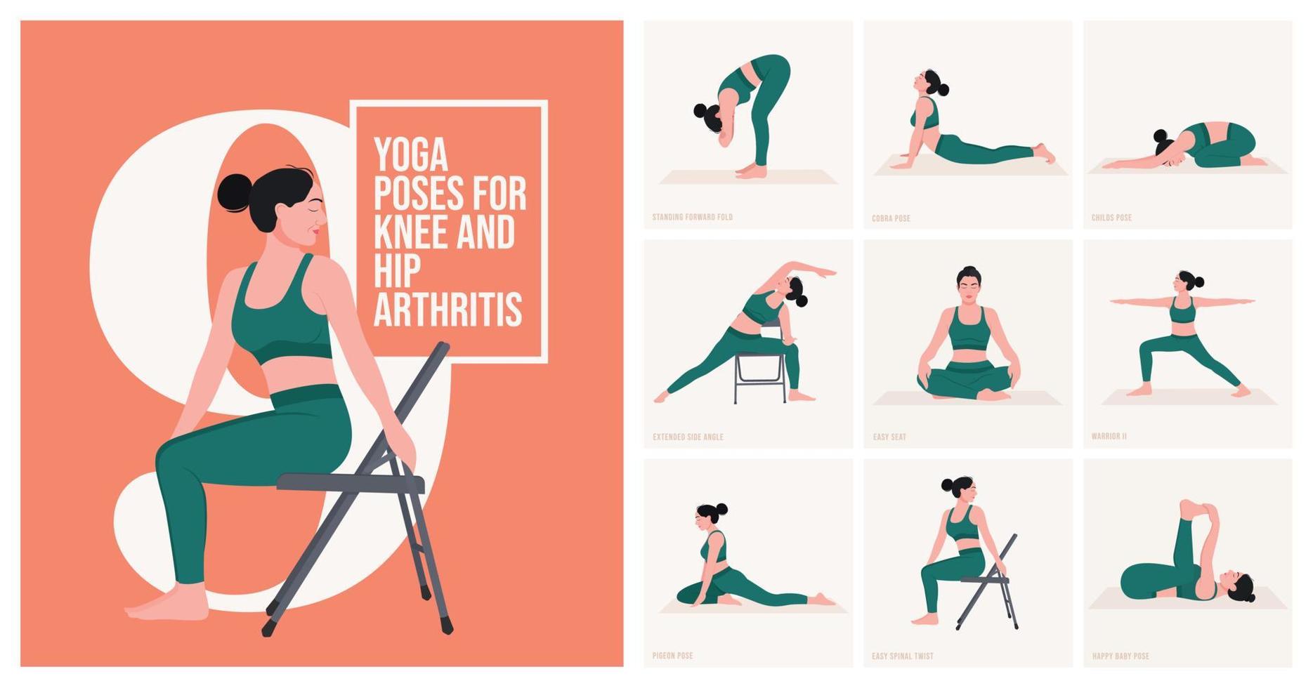 yoga poses voor knie en heup artritis. jong vrouw beoefenen yoga houding. vrouw training fitheid, aëroob en opdrachten. vector illustratie.