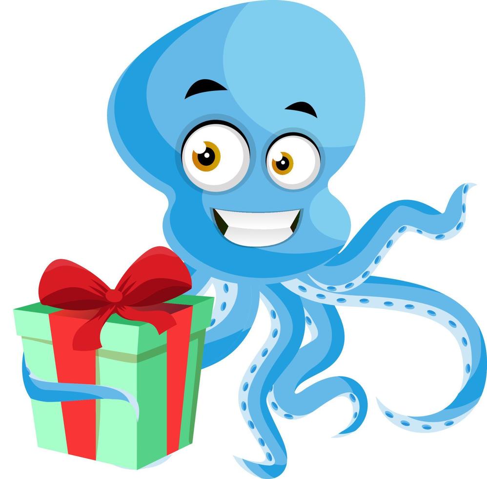 Octopus met geschenk, illustratie, vector Aan wit achtergrond.