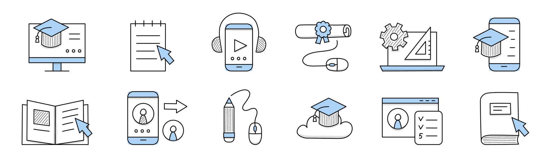 tekening pictogrammen van online opleiding, e-learning vector