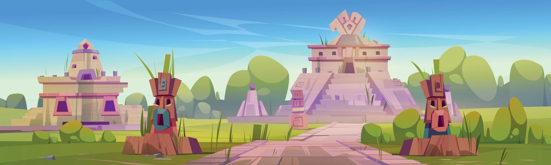 oude ruïnes van aztec tempel, standbeelden en piramide vector
