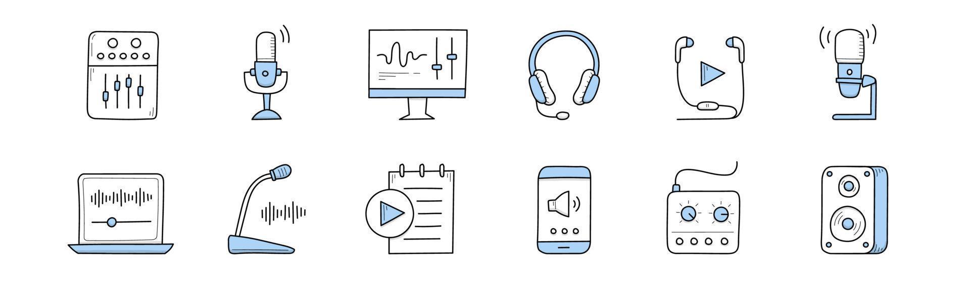 podcast, radio uitzending of muziek- tekening pictogrammen reeks vector