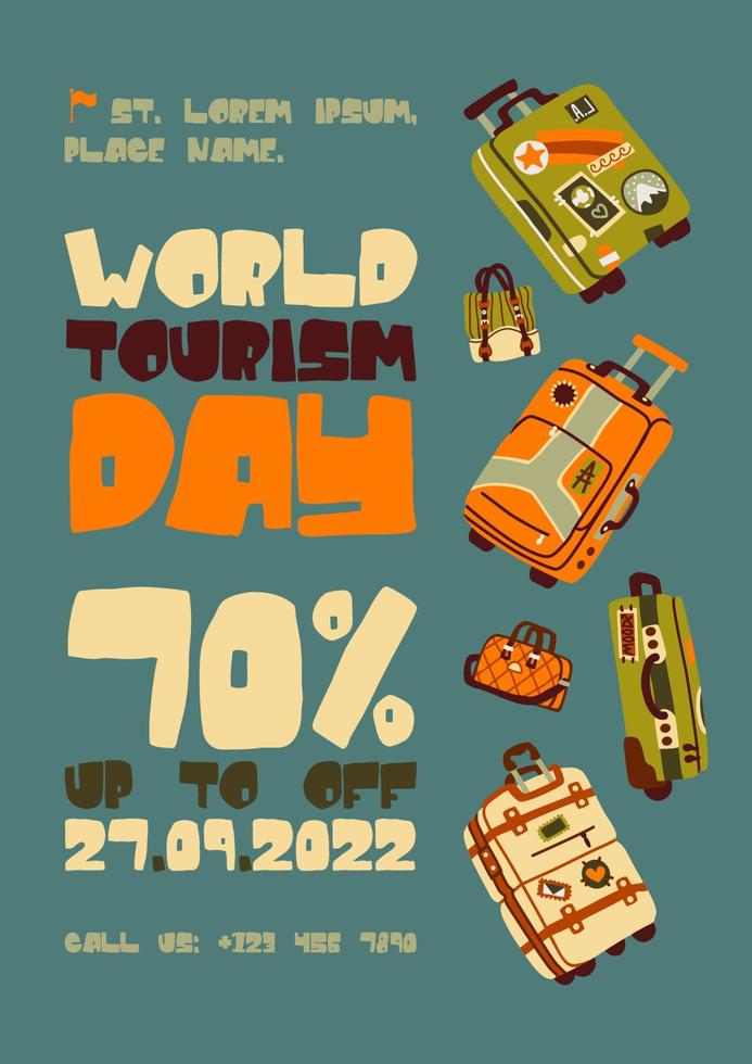 wereld toerisme dag uitverkoop poster met reizen Tassen vector