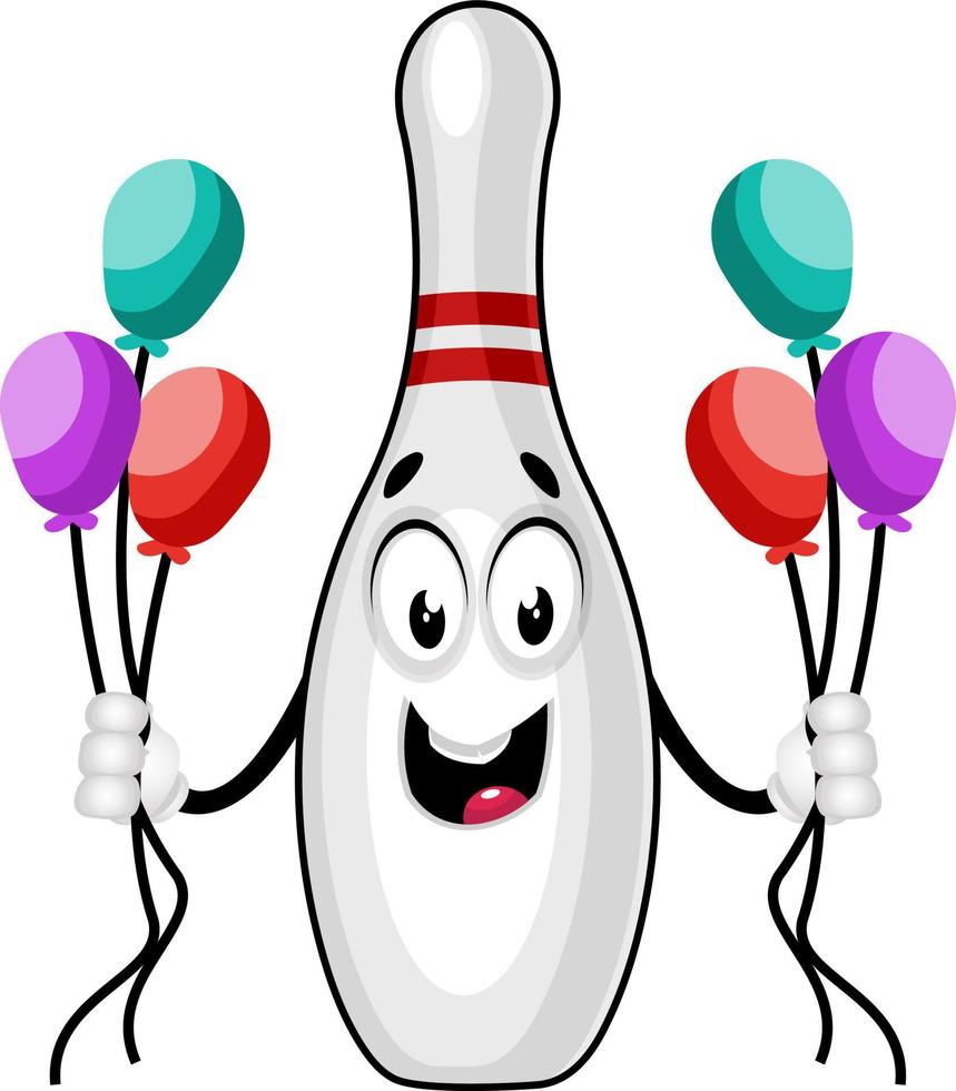 bowling pin met ballonnen, illustratie, vector Aan wit achtergrond.