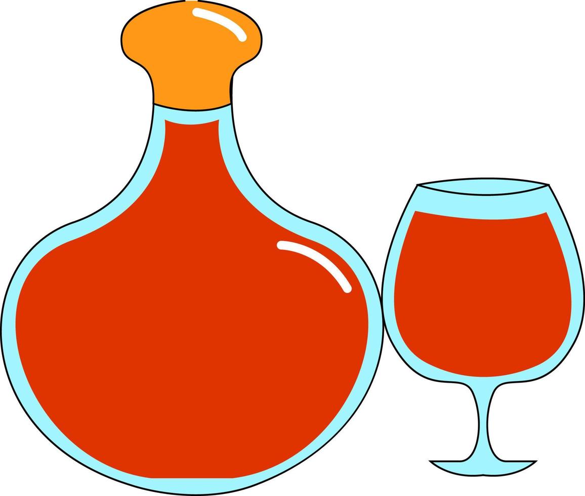 cognac glas en fles, illustratie, vector Aan wit achtergrond.