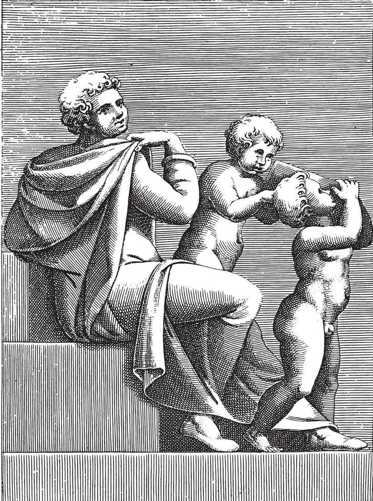 gezeten jong Mens met twee kinderen, adamo scultori, na michelangelo, 1585, wijnoogst illustratie. vector