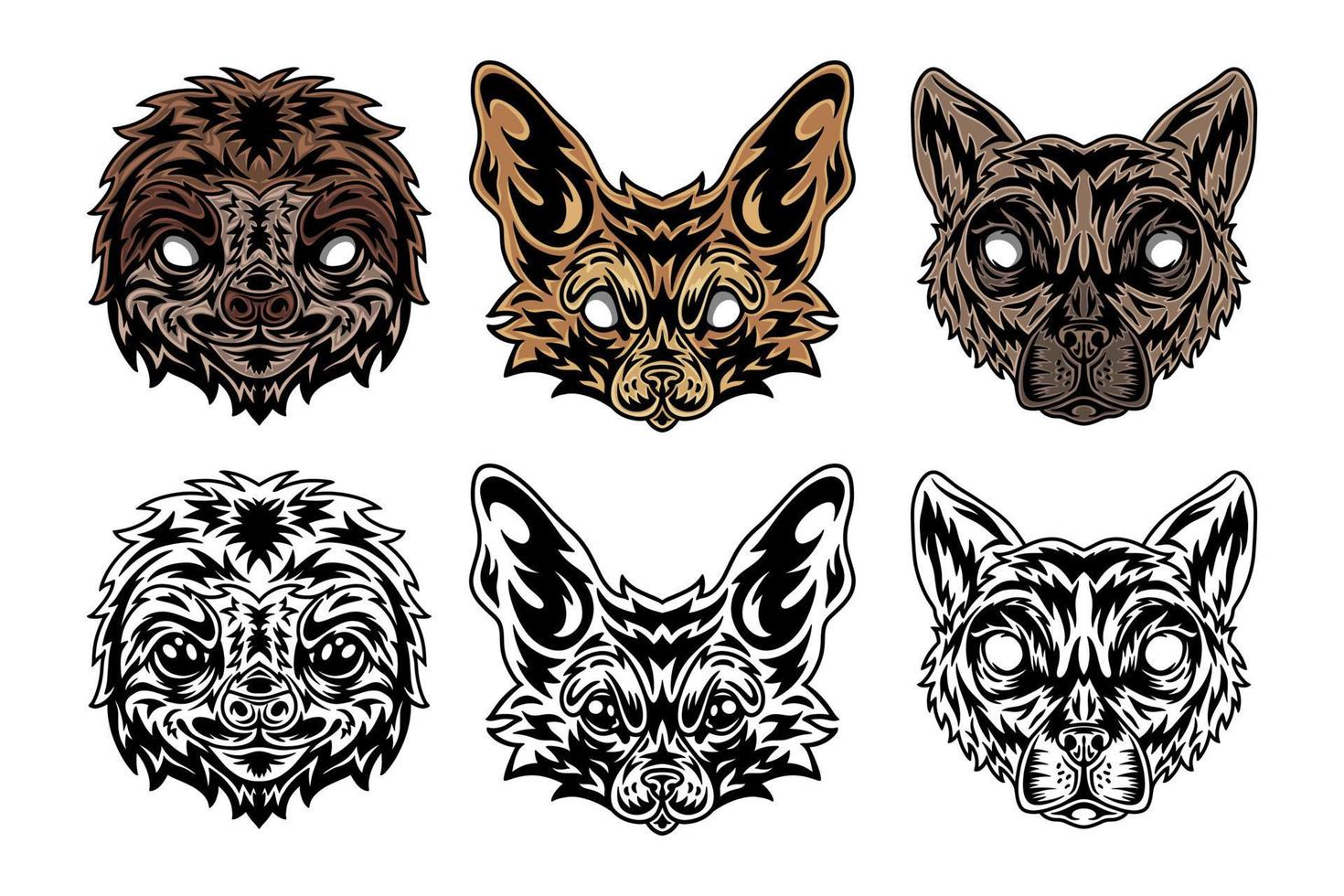 dier gezicht luiaard, fenech vos, lemur wijnoogst retro gestileerd. vector illustratie geïsoleerd Aan wit achtergrond. ontwerp element.