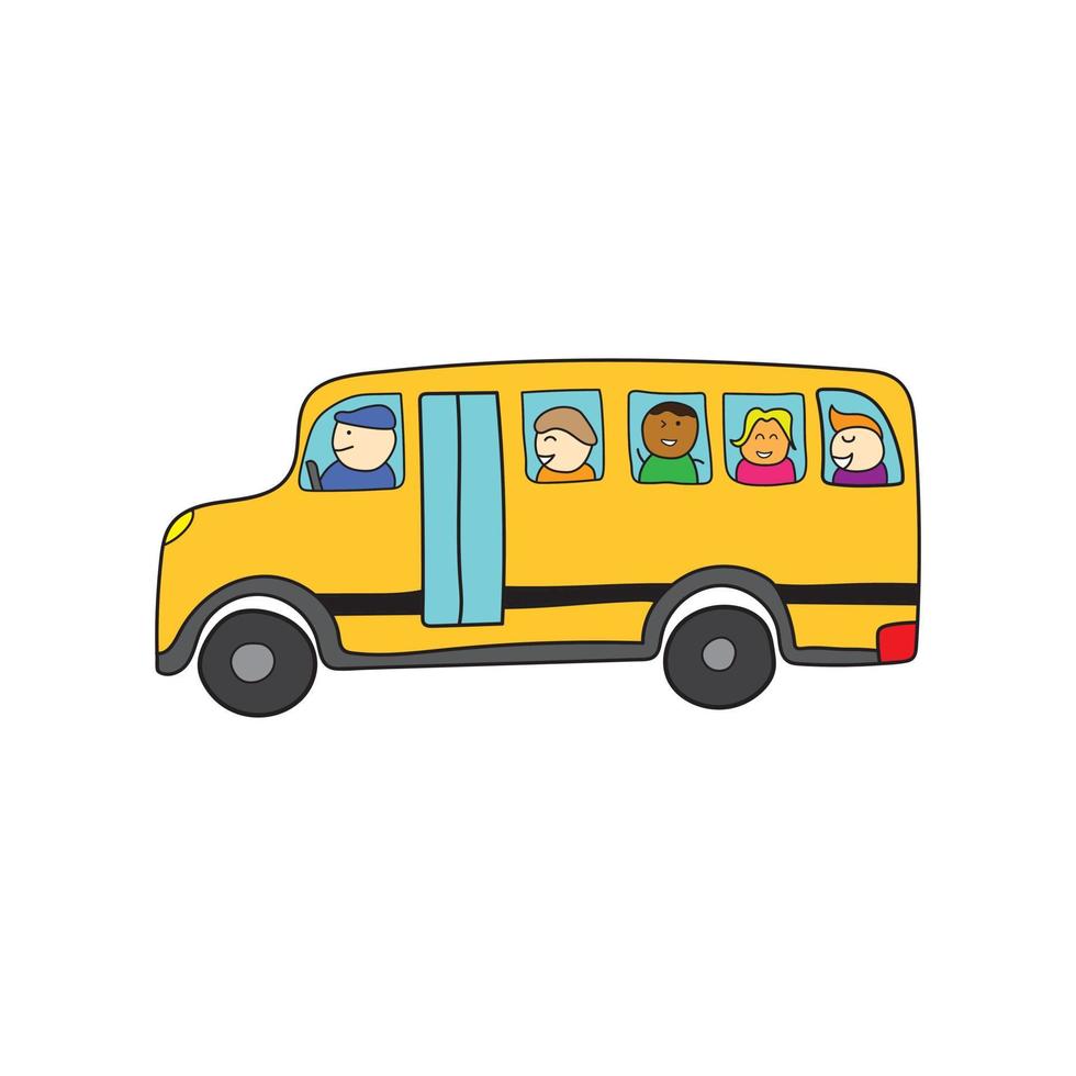 grappig schattig geel school- bus met gelukkig kinderen in een tekenfilm stijl. vector