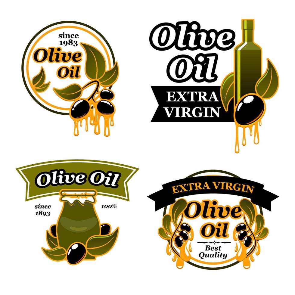 olijf- olie fles etiket reeks met zwart fruit, blad vector