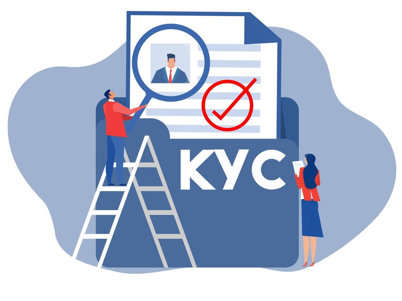 kyc of weten uw klant met bedrijf verifiëren de identiteit van haar klanten door een vergroten glas vector illustrator