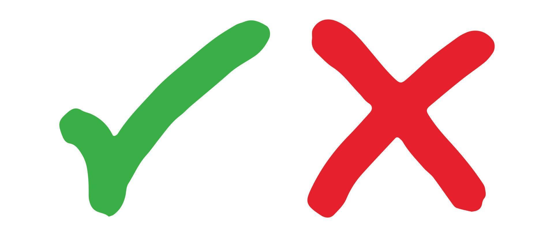 hand- getrokken van groen controleren Mark en rood kruis geïsoleerd. Rechtsaf en mis icoon. vector illustratie.