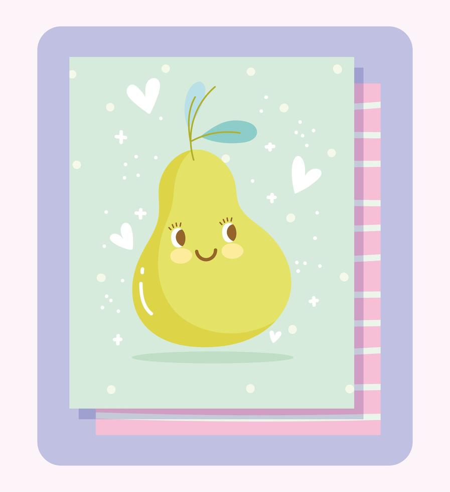 schattig peer fruit karakter kaartsjabloon vector