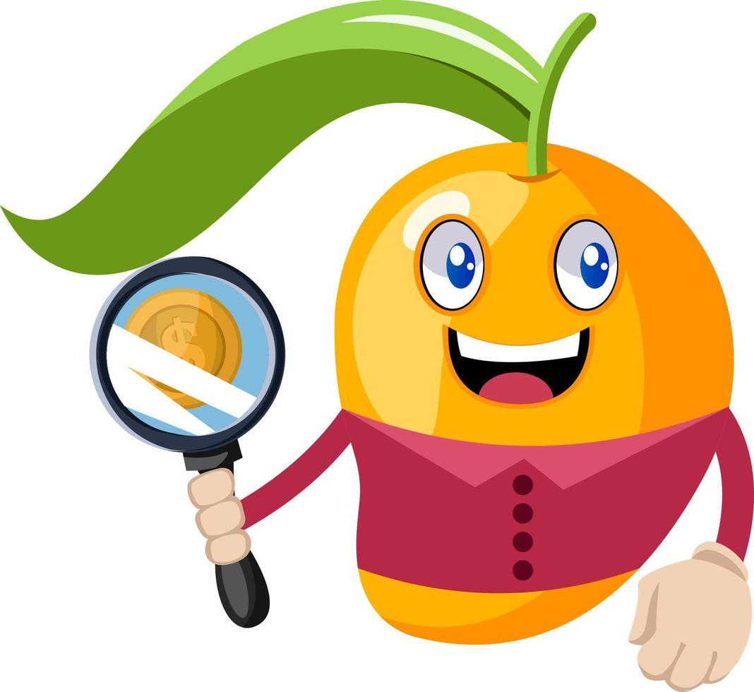 mango met vergroten glas, illustratie, vector Aan wit achtergrond.