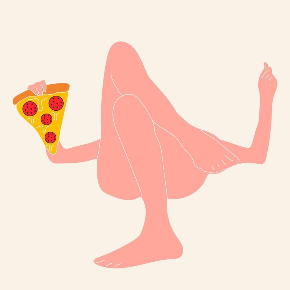 jong gelukkig vrouw tekenfilm karakter of meisje leugens Aan bed Bij huis eet pizza. recreatie en ontspanning levensstijl illustratie vector