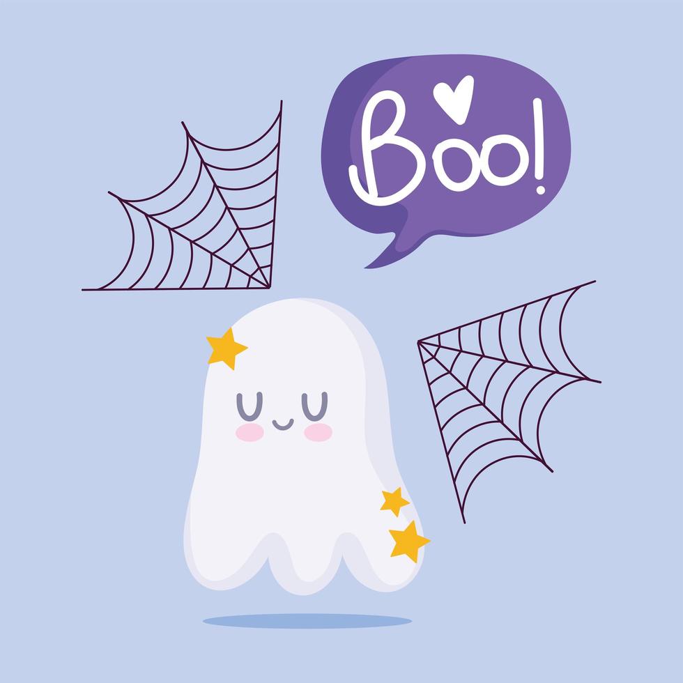 gelukkig halloween, schattig spook en spinnenweb vector